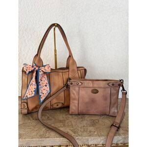 Bundle 2 Vintage Fossil Leather Handbag & Crossbody Set Artisanal Distressed
